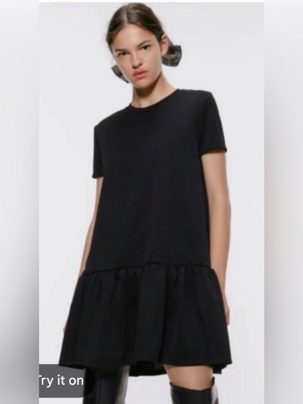 Zara Black Short Sleeve Ruffle-Hem Dress